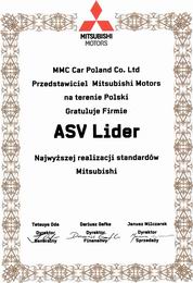 Certyfikat ASV Lider przyznany przez Mitsubishi